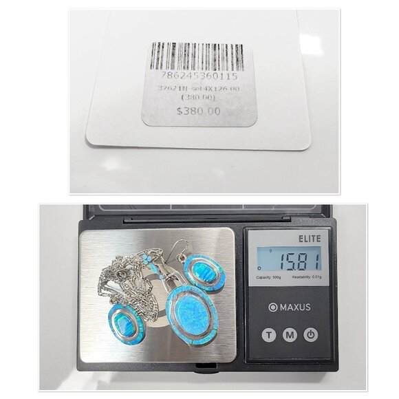 Native American Blue Opal Necklace Earrings Set Oval 925 Sterling Signed MY - Picture 10 of 12